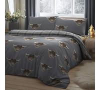 Fusion - Set copripiumino per letto singolo, motivo: mucca delle Highland, facile da pulire, colore: grigio