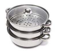 Futchoy Pentola a vapore a 3 ripiani, 28 cm, coperchio completamente trasparente, in acciaio inox, argento, rotonda, lucidata