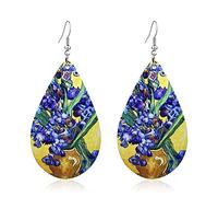 Fuvirou Orecchini pendenti leggeri fatti a mano in legno naturale con girasole pittura a olio Boho a goccia Van Gogh orecchini in legno stellato per donne ragazze opere d'arte creativa orecchini