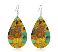 Fuvirou Orecchini pendenti leggeri fatti a mano in legno naturale con girasole pittura a olio Boho a goccia Van Gogh orecchini in legno stellato per donne ragazze opere d'arte creativa orecchini