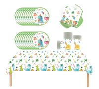 Fuwraixis Set di stoviglie con dinosauri, stoviglie per feste di compleanno per bambini, 20 tovaglioli, 20 bicchieri di carta, 20 piatti di carta, 1 tovaglia, Adatto per il battesimo di un bambino