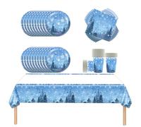 Fuwraixis Stoviglie per feste Frozen,Set di stoviglie con fiocco di neve invernale,20 tovaglioli 20 bicchieri di carta 20 piatti di carta 1 tovaglia,Stoviglie per bambini e adulti
