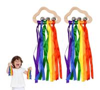 FuxFuis 2Pz Giocattolo Sensoriale in Legno con Nastro Arcobaleno e Sonaglio, Anello di Dentizione per Neonati, Massaggiagengive con Nuvola e Campanellini per Riconoscimento Colori, Sviluppo Sensoriale