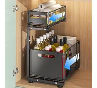 FuxFuis - Organizer per armadietto da cucina con 2 ripiani, pratico organizer estraibile, nero, sotto il lavandino, organizer come portaspezie da cucina, scaffale da bagno (a forma di L)