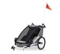 Fuxtec Rimorchio Bici FX-FA1 - Doppio Passeggino in Alluminio con Cinture di Sicurezza, Freno, Tettuccio Parasole e Antipioggia - Pieghevole e Leggero - Inclusa Bandierina - Colore Grigio