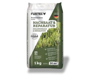 FUXTEC semi prato FX-RSNR1 - risemina 1kg per 30m² - Made in Germany - miscuglio di erba a rapida germinazione per rinfoltire e riparare il prato - resistente dall’inizio primavera all’autunno