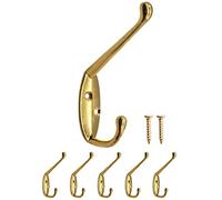 Fuxxer® Classic Double Coat Hook, gancio in ferro, gancio in metallo, design in ghisa, stile retrò rustico vintage, 85 x 55 mm, set di 5, ottone, design dorato