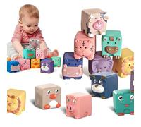 FuYelng 12 Pezzi Cubi Impilabili Bambini Giocattolo Animali, 6 * 5 * 5 cm Cubo da Impilare per Neonati Morbido Montessori Giocattoli Dentizione, per Regali Neonati dai 6 Mesi in su