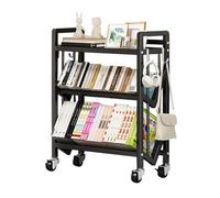 Fuyoula Libreria Mobile con Ruote a 3 Ripiani Inclinati, Carrello Libri in Acciaio Impermeabile, Capacità 30 kg per Ripiano, Salvaspazio 50x25x81,5 cm - Nero