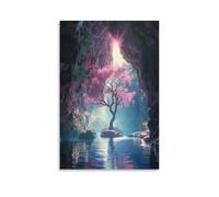 FUYUETTG Stampa artistica da parete su tela rustica con albero rosa, grotta della natura, stagno, belle piante, stampa su tela testurizzata, poster da parete per soggiorno, camera da letto, ufficio