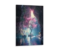 FUYUETTG Stampa artistica da parete su tela rustica con albero rosa, grotta della natura, stagno, belle piante, stampa su tela testurizzata, poster da parete per soggiorno, camera da letto, ufficio