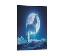 FUYUETTG Tela artistica da parete rustica con unicorno, stampa su tela testurizzata, con immagine di una bella luna bianca della natura, per soggiorno, camera da letto, ufficio, cornice decorativa, 30