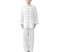FUYUFU Cotone e Lino Tai Chi Abbigliamento Uniforme Kung Fu Unisex Abbigliamento per Arti Marziali (Un Set) (Bordo Grigio Bianco/Maniche Lunghe, L)