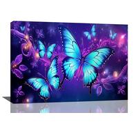 Fuzawet Grande decorazione da parete con farfalla blu, stampa su tela con farfalle viola e blu, stampa su tela incorniciata moderna per casa, soggiorno, camera da letto, ufficio, 61 x 40,6 cm