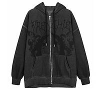 FUZUAA Oversized Drawstring Sweatshirt for Women Long Sleeve Zip Up Cardigan Y2k E-Girl Hoodies Pullover Jacket with Pockets (Color : Black, Size : L)
