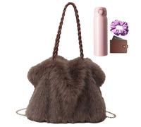Fuzzy Purses for Women - Plush Polyester Cotton 33x16x29cm | Large Casual Tote Bag with Detachable Strap | Handbag for Hiking Outdoor Travel Work Walking Shopping Everyday Carry Commuting, marrone
