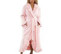 Fuzzy Robe Bathrobe Dressing Gowns Women Long Fluffy Coral Fleece Pajamas Soft Ruffle Fleece Bathrobe Cozy Warm Plush Thick Winter Robe with Pocket (Pink,S)