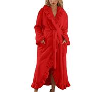 Fuzzy Robe Bathrobe Dressing Gowns Women Long Fluffy Coral Fleece Pajamas Soft Ruffle Fleece Bathrobe Cozy Warm Plush Thick Winter Robe with Pocket (Red,M)