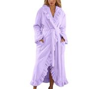 Fuzzy Robe Bathrobe Dressing Gowns Women Long Fluffy Coral Fleece Pajamas Soft Ruffle Fleece Bathrobe Cozy Warm Plush Thick Winter Robe with Pocket (Purple,XL)
