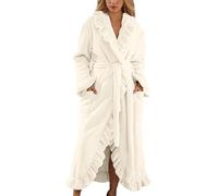 Fuzzy Robe Bathrobe Dressing Gowns Women Long Fluffy Coral Fleece Pajamas Soft Ruffle Fleece Bathrobe Cozy Warm Plush Thick Winter Robe with Pocket (White,XL)