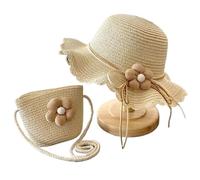 FVCTGHZ Cappello estivo da bambino con fiori in paglia e borsa a mano, set da 2 pezzi for bambini, berretto da sole con visiera e protezione UV.(Beige set)