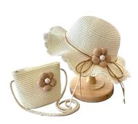 FVCTGHZ Cappello estivo da bambino con fiori in paglia e borsa a mano, set da 2 pezzi for bambini, berretto da sole con visiera e protezione UV.(White hat)
