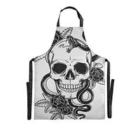 FVFV Serpente Teschio Bianco Nero Impermeabile Grembiule Cucina Cuoco Grembiuli da Cameriera con Tracolla Regolabile a 2 Tasche per Bar Giardino Donne Uomini