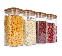 FWEEK 4 barattoli con coperchio, 1500 ml, ermetici, rettangolari in vetro con coperchio in bambù, per cereali, noci, farina, cornflakes