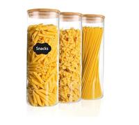 FWEEK Set di 3 barattoli con coperchio in bambù, 2 l, ermetici, impilabili, ermetici, con etichette e penne per pasta, farina, cereali, zucchero, ecc