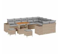 FWIKDUN Garten-Sofa-Set mit Kissen 12-teilig, Beige Hellgrau | Poly-Rattan, Akazienholz, höhenverstellbarer Tisch, Stauraum, wasserabweisende Tasche, für Terrasse