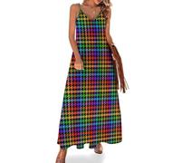FWJZDSP Abiti Estivi Lunghi con Stampa Pied de Poule Arcobaleno per Donna 2025 Abiti Lunghi Estivi Vestito Estivo con Spalline Sottili e svolazzanti