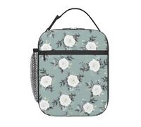FWJZDSP Borsa porta pranzo per adulti con rose bianche su blu, borsa termica regolabile riutilizzabile per uomo e donna, borsa termica per ufficio e picnic