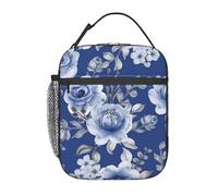FWJZDSP Borsa termica per il pranzo con bellissimi fiori blu navy e foglie, riutilizzabile, borsa termica per il pranzo, per lavoro/adulti/picnic/attività all'aperto