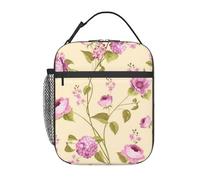 FWJZDSP Borsa termica per il pranzo con tasca frontale, motivo floreale con rose in fiore e lillà su rosa, per donne e uomini, graziosa borsa porta pranzo per lavoro/ufficio/viaggi/picnic