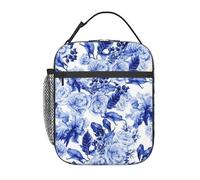 FWJZDSP Borsa termica per il pranzo con tasca frontale per donne e uomini, con fiori ad vivaci, rose, ribes, bacche e farfalle, graziosa borsa per il pranzo, portapranzo per lavoro/ufficio/viaggi