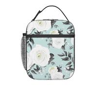 FWJZDSP Borsa termica per il pranzo portatile con rose bianche su sfondo blu, riutilizzabile, per donne e uomini, per lavoro, picnic e campeggio.