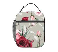FWJZDSP Borse termiche per il pranzo per donne e uomini, eleganti borse per il pranzo con fiori di rose color bordeaux ad, riutilizzabili, borsa termica di grande capacità per lavoro, picnic o vi