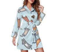 FWJZDSP Divertenti Vestaglie con Gatti Doodle per Donna con Cintura Camicie da Notte a Maniche Lunghe per Donna Accappatoio da Notte con Scollo a V