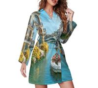 FWJZDSP Italia Canali Veneziani Donna Accappatoio Manica Lunga Corto Morbido Pigiama Lunghezza Ginocchio