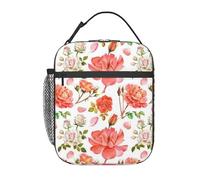 FWJZDSP Motivo a rose acquerellate, rose rosse e rosa con foglie e steli, borsa termica per il pranzo, contenitore termico riutilizzabile, portatile e a tenuta stagna, borsa da viaggio