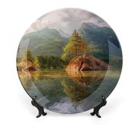 FWJZDSP Piatti decorativi da appendere alla parete, 25 cm, piatto rotondo con supporto, piatti piani in ceramica, piatto in porcellana con tema acqua, montagna e lago, decorazione da parete per il R