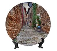 FWJZDSP Piatto decorativo in ceramica Stone Lane Landscape, rotondo, 20 cm, con supporto verticale, personalizzabile su richiesta, ideale come decorazione da parete o per consolle.
