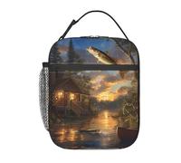 FWJZDSP Porta pranzo rustico con scena di pesca in baita per bambini, porta pranzo isolato, borsa pranzo riutilizzabile per la scuola, l'ufficio, il lavoro, il picnic e i viaggi.