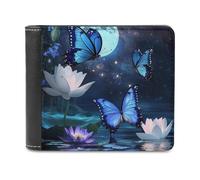 FWJZDSP Portafoglio sottile bifold con fermasoldi e motivo a luna blu con farfalle per uomo, portafogli in pelle, borsa verticale
