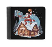 FWJZDSP Portafoglio sottile bifold da uomo con fermasoldi, portafogli in pelle e borsa verticale con Babbo Natale che gioca a basket
