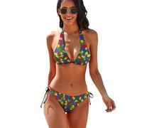 FWJZDSP Set Bikini a Stringa da Donna con Top Imbottito e Laccetti Laterali per Donne con autismo, Modello all'Americana.