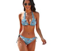 FWJZDSP Set Bikini da Donna con Laccetti e Spalline Incrociate sulla Parte Superiore, Top Imbottito e Laccetti Laterali, con Bandiera Americana e Motivo Pattinaggio sul Ghiaccio.