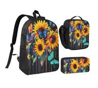 FWJZDSP Set zaino portatile unisex con girasoli vivaci e farfalla blu, completo di portapranzo e custodia per picnic/gite.
