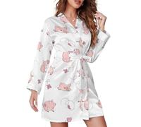 FWJZDSP Vestaglie Corte a Maniche Lunghe per Donna - Accappatoio con Cintura Rosa a Forma di Maialino Carino con Farfalla, da Notte