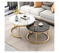 FXLUHAY Set di 2 tavolini da caffè impilabili - Design rotondo con struttura in metallo for soggiorno, tavolino laterale for ufficio in piccoli spazi(White 70 Cm+Black 50 Cm (Glass)